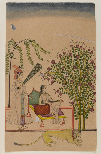Seated Princess with Attendant and Lion by Indian School